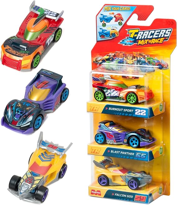 T-RACERS Mix ´N RACE 3 Pack – Pack of 3 collectible cars. Each car can be split in two with interchangeable parts and wheels. Pack 2/12