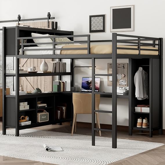 Queen Loft Bed with Wardrobe and Storage Cubes, Queen Size Loft Bed with Desk, Storage Shelf and Guardrail, Queen Size Loft Bed for Adults, Teens, Kids, Black