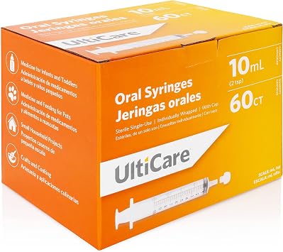 UltiCare 10mL (2 TSP) Oral Tip Syringe Uses Include Oral Administration of Medicine for Infants. with Cap, Sterile Individually Wrapped, 60 Count