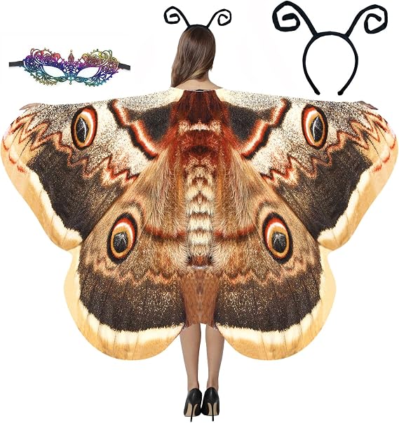 GRAJTCIN Women's Butterfly Wings Shawl, 3 PCS Halloween Fairy Costume Festive Rave Cape with Antennas & Mask