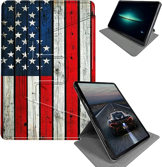 for 6" All New Kindle 10th Generation 2019 Release & Kindle Signature Edition E-Reader Case-360 Rotating Folding Stand Protective Cover with Auto Sleep/Wake,American Flag On Wood