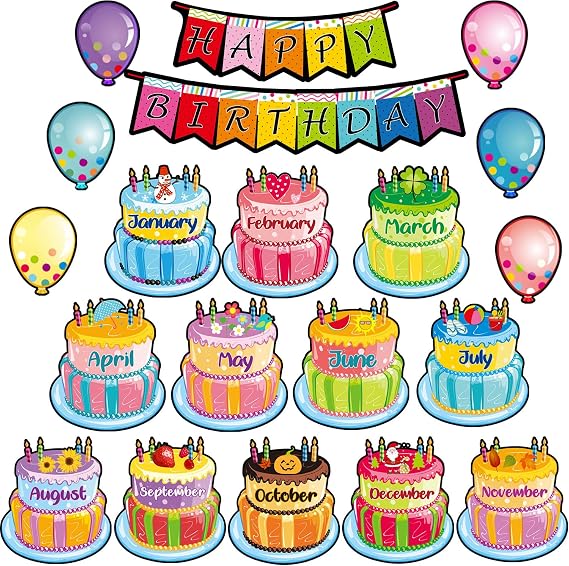 Outus 20 Pcs Birthday Bulletin Board Chart Classroom Set,Black Dot Style | Happy Birthday Banner with 12 Month Cake Cutouts, Colorful Wall Decor for Classroom Birthday Poster, Includes Balloons
