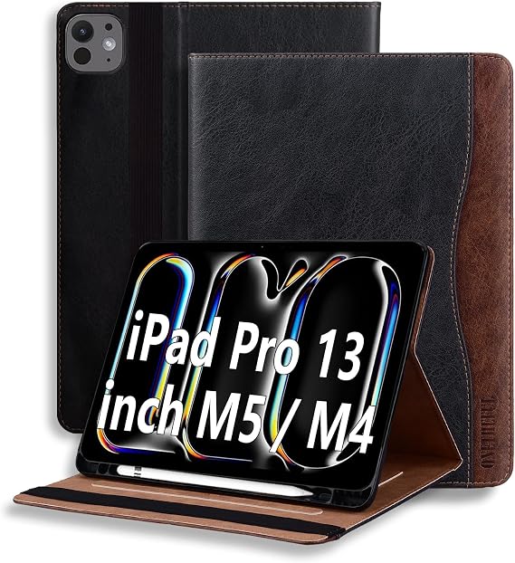 Case for iPad Pro 13 Inch M5/M4 (2025/2024) - Premium PU Leather Folding Stand Protective Case with Pen Holder and Document Slots Black