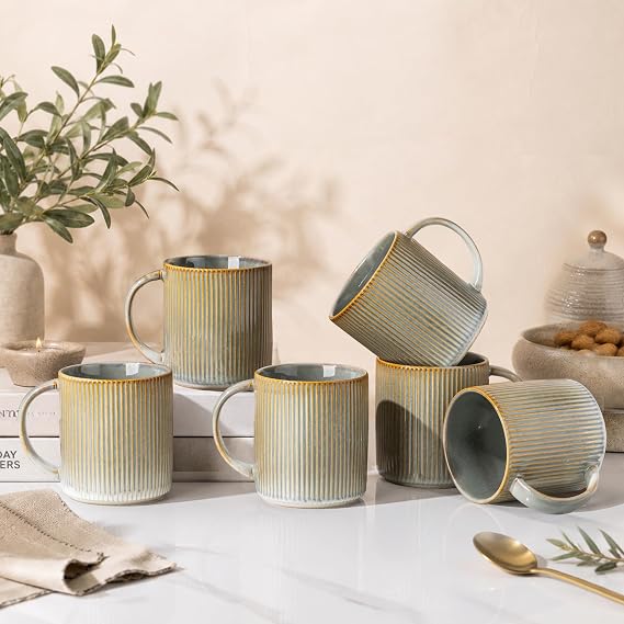 theterra Ceramic Coffee Mugs Set of 6, 14.2 oz Coffee Cups with Handle