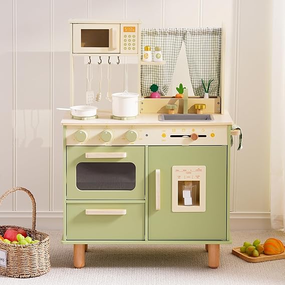 ROBUD Wooden Play Kitchen Set for Kids with Microwave, Sink & Stove