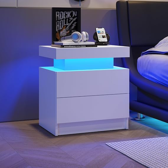 HAINEW LED Nightstand, LED Bedside Table, Bedside Cabinet with 2 Drawers, Modern Storage Cabinet for Bedroom, 49x52.1x34.8cm. (White)