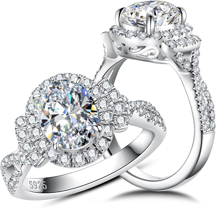 CannyCat Oval cut Moissanite Halo Engagement Ring for Women 2.65 cttw D color VVS Moissanite Twisting Anniversary Bridal Cathedral Rings Platinum-Plated Silver Infinity Vine Wedding Eternity Band
