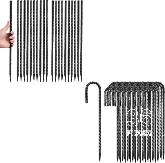 Homwin 16 inches Straight Rebar Stakes 24-Pack and 12 inches J Hook Ground Stakes 36-Pack Black Bundle