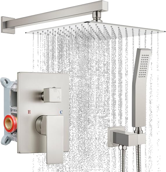 gotonovo Shower Faucet Set with Handheld Spray Brushed Nickel,10'' Head | SUS304 Rainfall Shower Head and Handle Set System Fixture,Pressure Balance Valve Trim Kit,Single Handle,Wall Mount,All Metal