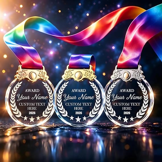 WBW Personalized Gold Award Medals with Ribbon, Custom Logo Crystal Medal