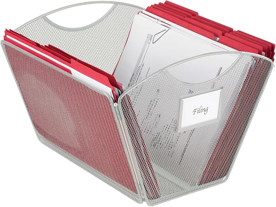 Safco Onyx Mesh Letter-Size Desktop Tub Filer, Durable Steel Mesh Construction, Collapsible For Compact Storage, Integrated Handles, Silver