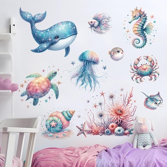 Under The Sea Wall Stickers Blue Ocean Fish Turtle Whales Wall Decals Cartoon Removable Underwater Sea Wall Stickers for Nursery Bedroom Living Room Watercolor Ocean Creatures Decor