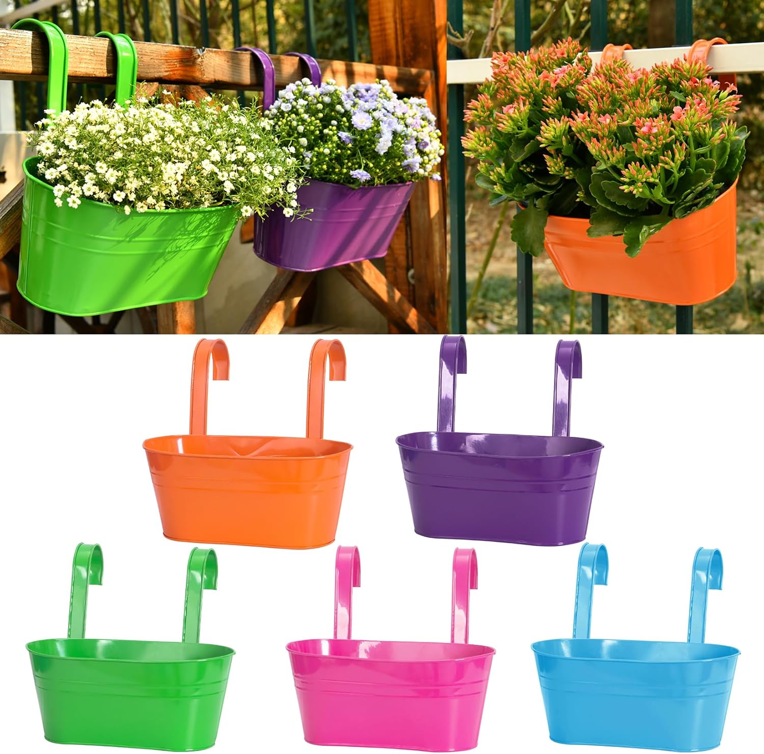 LOVOUS 5 Pack Railing Planter for Outdoor Plants Balcony Hanging Flower Pots with Detachable Hooks Metal Hanging Planters for Fence Garden Yard Patio Porch Home Decor,Multi