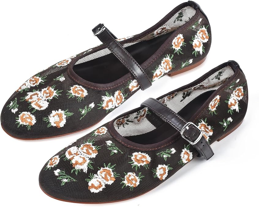 Mesh Flats for Women Flowered Ballet Mary Jane Flat with Embroidered Floral Ballerinas Shoes Comfortable Dress Daily Shoe