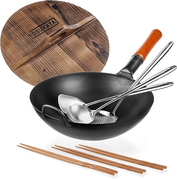 YOSUKATA Carbon Steel Wok Pan 13,5 Stir Fry Pans + Wooden Wok Lid 13.5 + 17" Spatula and Ladle Skimmer + Natural Wooden Long Cooking Chopsticks Set of 3