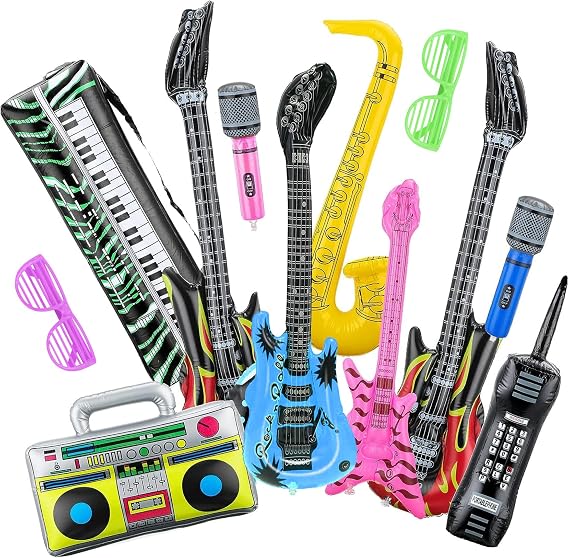 Inflatable Instruments Party Props Set, Inflatable Microphones Rock Star Guitars Balloons Kit with Saxophone Piano for 80s 90s Themed Rock and Roll Disco Party Photo Booth Decorations