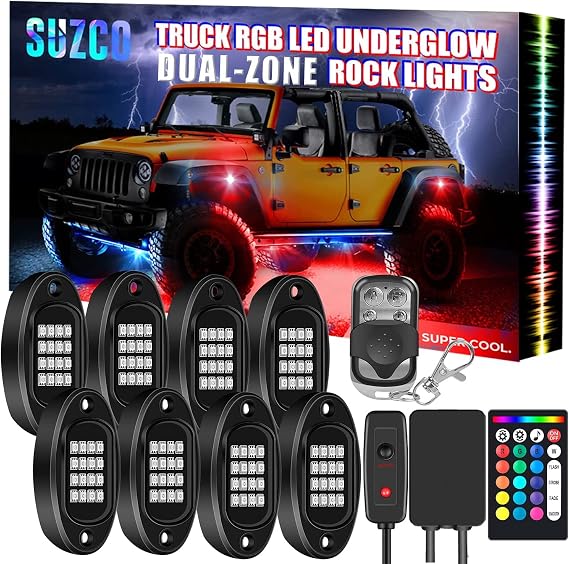 SUZCO 8Pods RGB LED Rock Underglow Lights Kit with APP/RF/IR, Dual-Zone+128LEDs+2-in-1 Line +Underbody & Wheel Light Multicolor Neon Under Glow Light Set 12V for CAR Truck SUV ATV