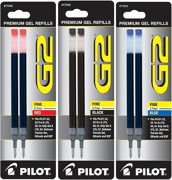 Pilot G2 Gel Ink Refill, 2-Pack for Rolling Ball Pens, Fine, Black, Red, Blue