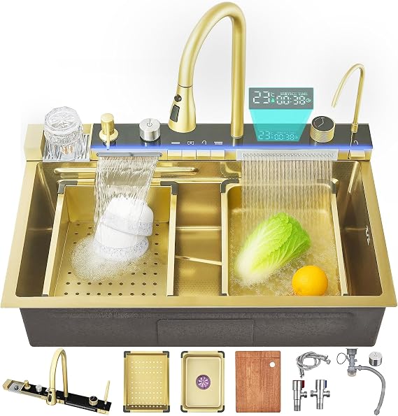 33.5 inch Gold Smart Digital Display Waterfall Sink, 304 Stainless Steel Modern Kitchen Sink with 5 Water Outlet Modes, Waterfall Pull-Out Faucet, Cup Washers and Accessory Set
