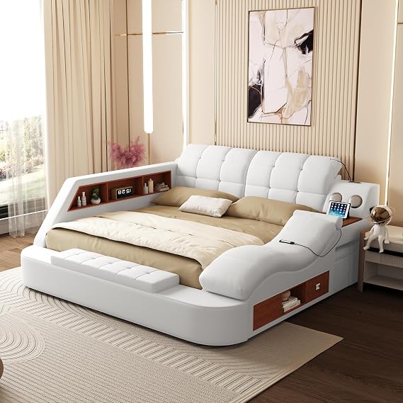 King Size Smart Multifunctional Bed Frame, Platform Bed with Massage Recliner, Bluetooth Speaker, USB Charging, Multifuncion Storage Drawers, Leather Headboard, Easy Assembly, White
