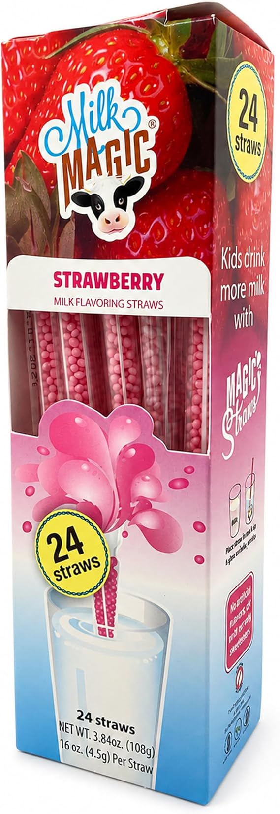 Milk Magic Flavored Milk Straws for Kids, Strawberry, 24 Pack | Low Sugar, Only 20 Calories Per Straw, Gluten-Free, BPA-Free, Non-GMO, No Refrigeration, Lunchbox Ready