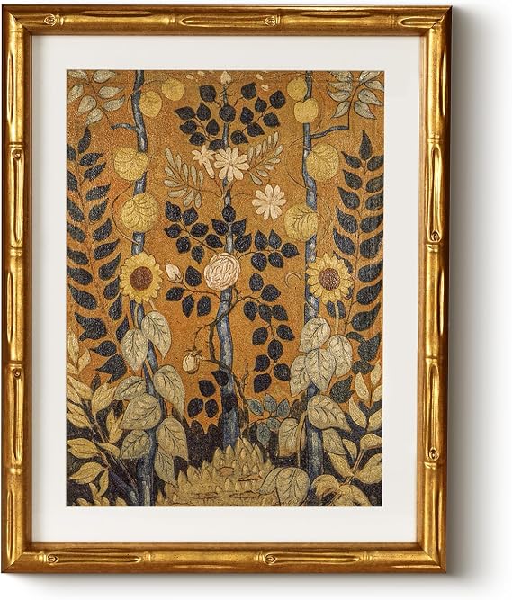 Vintage Botanical Garden Floral Wall Art Frame 11x14, Retro Gold Bamboo-Textured Framed Canvas Print Acrylic Cover, Classic Plant Painting Artwork Living Room Bedroom Entryway Home Decor