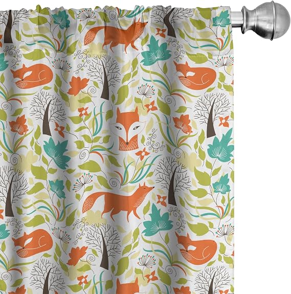 Ambesonne Cartoon Window Curtains Pack of 2, Wild Fox Wolf with Leaves Flowers and Leafless Trees Print, Lightweight Set with Rod Pocket, 4 Panels of - 28" x 84", Orange Green