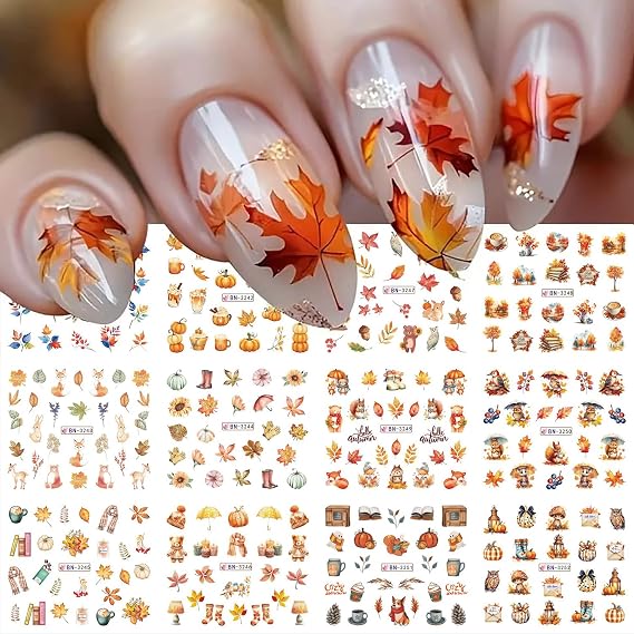 Fall Nail Art Decals 12 Sheets - Water Transfer Autumn Leaf Designs With Pumpkins, Maple Leaves, Squirrels for Thanksgiving Day Manicure Decor - Tattoo Stickers for Women