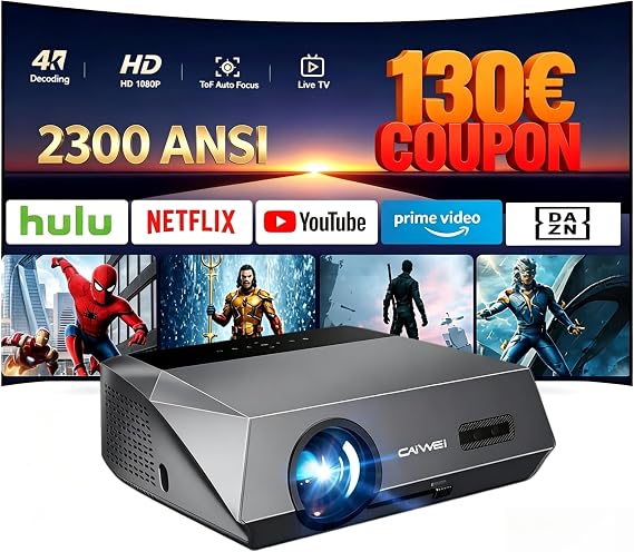 4K Home Cinema Projector 2300 ANSI for Daylight WiFi 6 & Bluetooth 38 W Dolby Audio MEMC 2 HDMI ARC Autofocus/Trapezoidal Correction Smart Projector for Films Gaming and Outdoor Use