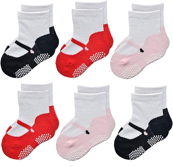 EPEIUS Unisex Baby Girls Boys Non-Slip Socks (Set of 6) | Cute baby shoe look socks with grippers. Soft cotton stay on Booties for 0-6m 6-12m 1-2T 3-5T newborn infant toddlers