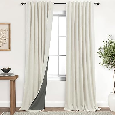 Linen 100% Blackout Black Out Curtains 96 Inch Long 2 Panel Set,Floor to Ceiling Curtain for Living Room,Rustic Pottery Textured Sliding Barn Door Curtain Drapes Bedroom Furniture Decor Cream Beige
