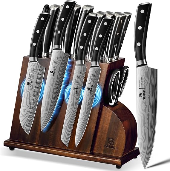 15 PC Magnetic Knife Sets for Kitchen with Block, Kitchen Knife Set Made of German High Carbon Stainless Steel Damascus Pattern as Gift for Couple, Wedding, Women or Mom with Gift Box