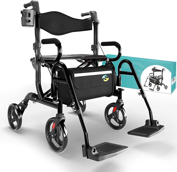 Helavo 2 in 1 Walker Wheelchair Combo, Convertible to a Transport Chair | 25.6" Wide, Foldable Aluminum Rollator with Footrests, 21.2 lbs, 300 lbs Load Capacity
