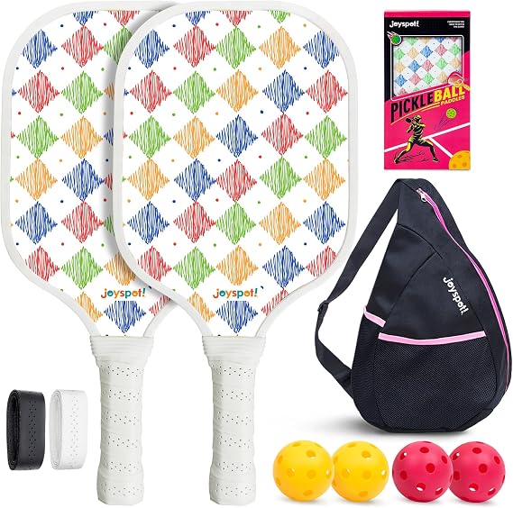 Premium Pickleball Paddles Set of 2, Fiberglass Surface & Polypropylene Honeycomb Core, Lightweight (7.5oz) with 4 Indoor/Outdoor Balls,GripTapes Carry Bag, Perfect for Beginner Men Women
