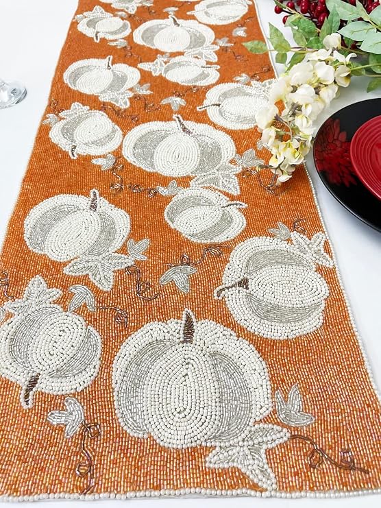 Enliven Handmade Table Runner, Pumpkin Fall Beaded Runner, 13x36inch