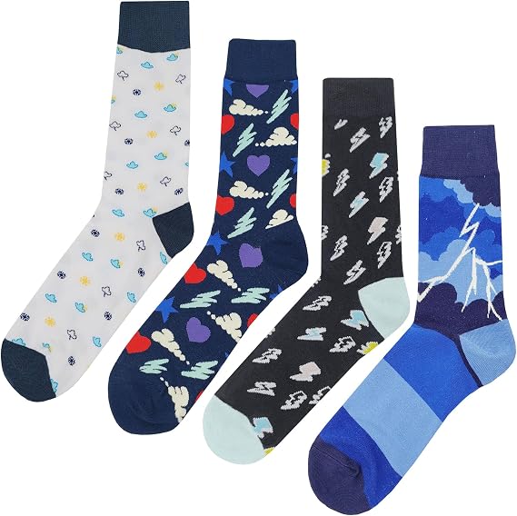 Weather Dress Socks 4 Pack Funny Novelty Crazy Fun Design Men Size 8-12 Cotton Casual Crew Colorful Funky Fancy Socks Gift for Men