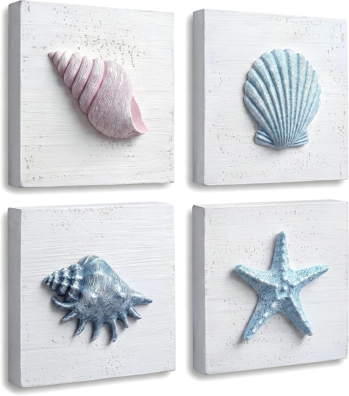 TideAndTales Beach Decor Seashell Wall Art - (Set of 4) Textured 3D Shells and Starfish Decorations for Home or Beach House, Rustic Ocean Theme Coastal Bedroom or Bathroom Wall Decor 6" x 6"