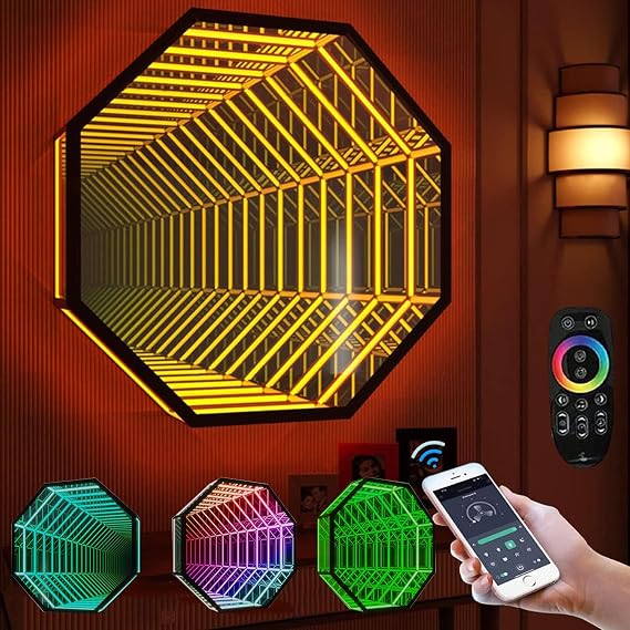 LED3D Mirror Tunnel Light LED Infinity Mirror Night Light with Remote Control,358 Magical Light Effects,3D Octagon Infinity Wall Mirror RGB Multi Color Changing Light (50cm/19.7")