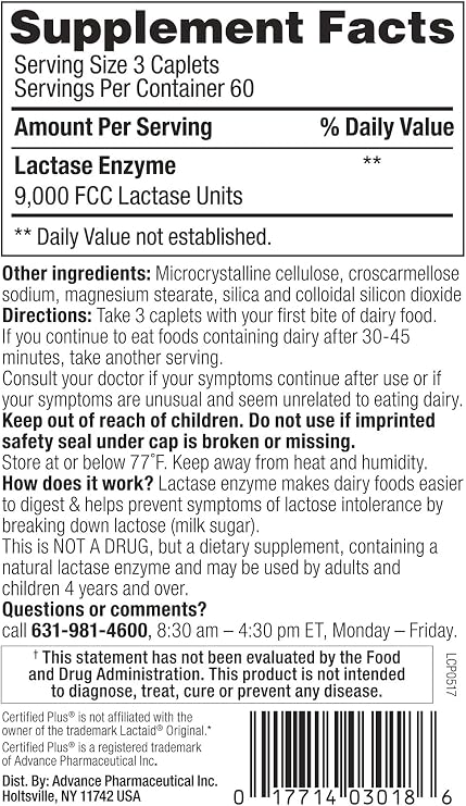 Lactase Enzyme 180 Caplets Generic Lactaid Original Strength