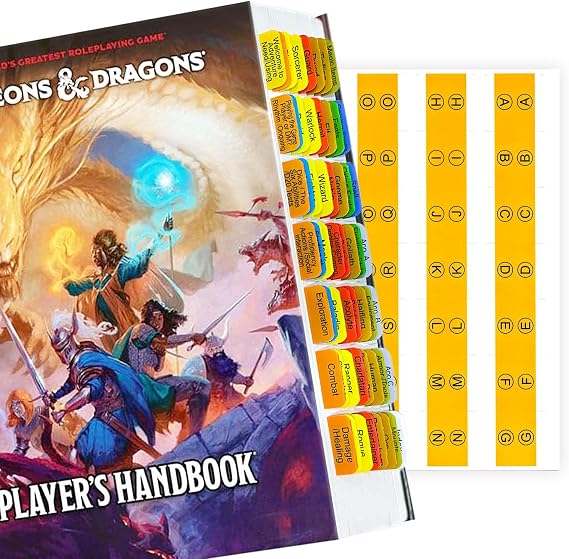Index Tabs for The D&D Players Handbook 2024 6th Edition (Book not Included)56 D&D Core Rulebook Color Coded Clear PVC Laminated Tabs with A-Z Tabs Double-Sided Content & Durable Repositionable Tabs