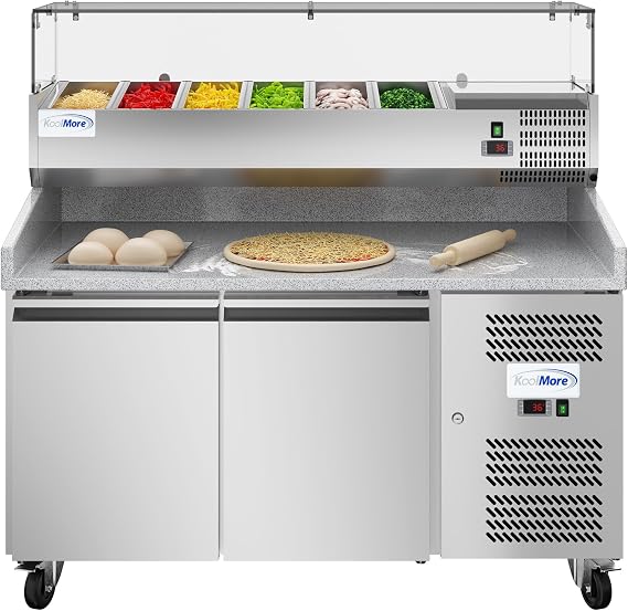 KoolMore 59 in. Two-Door Commercial Granite Top Pizza Prep Refrigerator with Refrigerated Condiment Pan Holder in Stainless-Steel (KM-RPCPS-2D59-GRT)