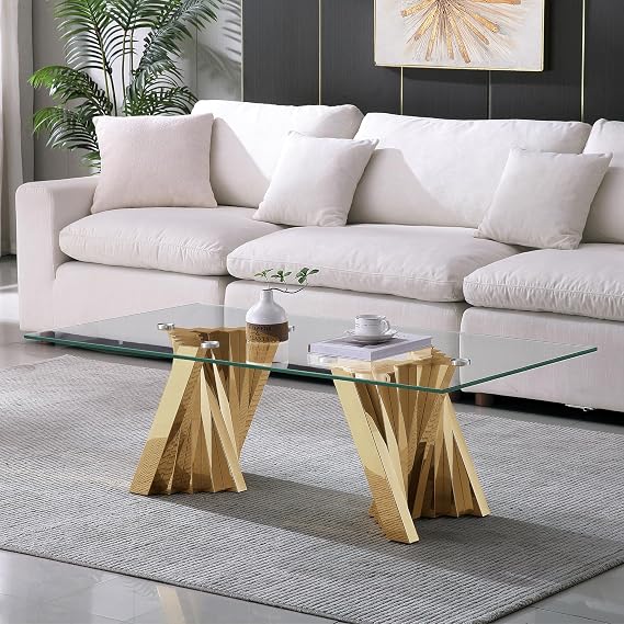 Modern Glass Coffee Table 51" Gold Center Table with Tempered Glass Top and Mirror Finish Stainless Steel Legs, Luxury Rectangular Coffee Table for Living Room Apartment (Gold)