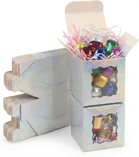 STRBOXONG 25 Pack Small Holographic Silver Gift Boxes with Window, 10x10x8cm Cardboard Gift Box with Lids, Wedding Favour Boxes, Bridesmaid Proposal Box, Empty Flat Pack Present Boxes