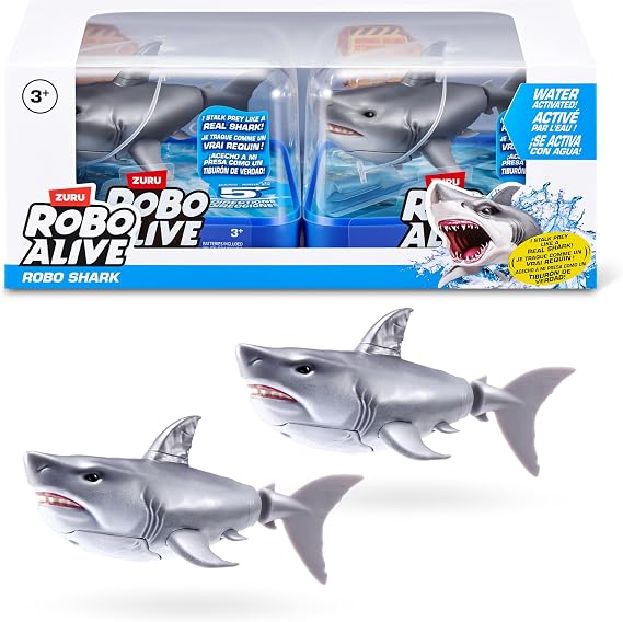 Robo Alive ZURU Water Activated Shark (White) 2 Pack - Realistic Floating Robot Bath Toy for Kids Twens & Teens Water Activated Shark for Games & Pranks Ages 3+
