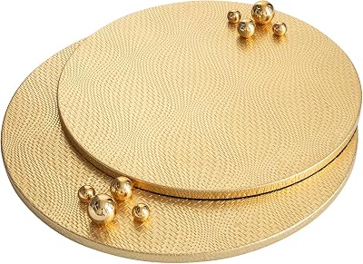 Woven Leather Ottoman Tray for Living Room with Gold Bead, 2 piece Decorative Round Serving Trays for Ottoman, Waterprooof Leather coffee table tray for Home Decor Golden