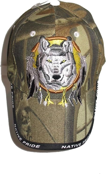 AES Native American Pride Wolf in Dream Catcher Camouflage Embroidered Baseball Ball Cap Hat