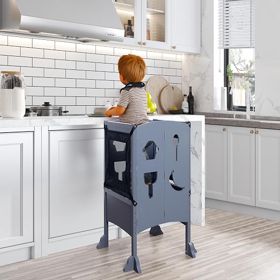 Toddler Kitchen Stool for Kids Step Contemporary Safety Learning Folding Stool Curved Support Feet, Non-Slip Mat, Durable and Stable-Grey