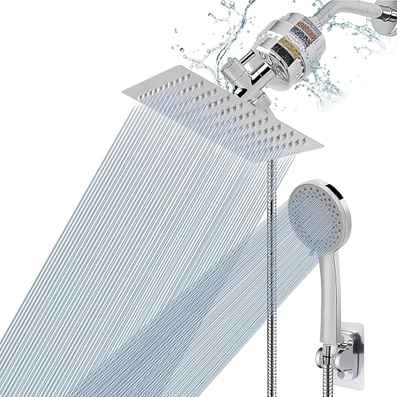 NearMoon Filtered Shower Head, High Pressure 8Square, 5 settings Handheld Rain Shower Filter Combo with Self-adhesive Holder/1.5M Hose -1 Replaceable Filter Cartridge (Chrome Finish)