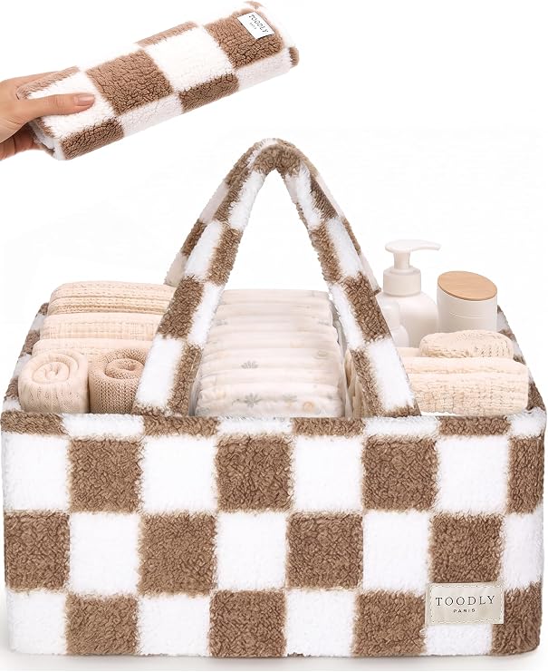 Baby Diaper Caddy Organizer with Waterproof Changing Pad, Checkered Taupe