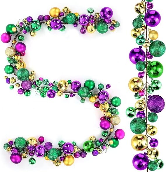VioraWhite 9Ft Mardi Gras Bead Garland Decoration Ball Ornaments Glitter Purple Gold Green Bulb Garland for Festive Party Supplies Indoor Outdoor Home Carnival Decoration Accessories